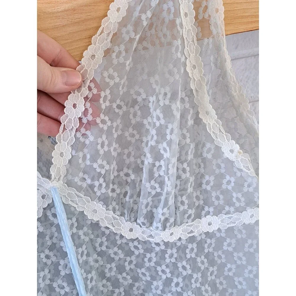 Vintage Penneys Gaymode Sheer Blue Floral Lace Nightgown V-Neck Ivory Trim Med - Picture 2 of 10